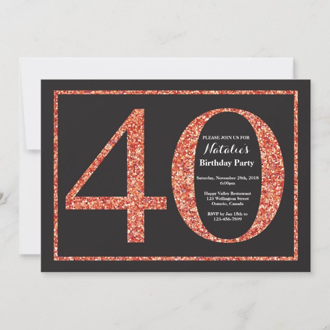 40th Birthday Invitation Orange Glitter Chalkboard (Front)