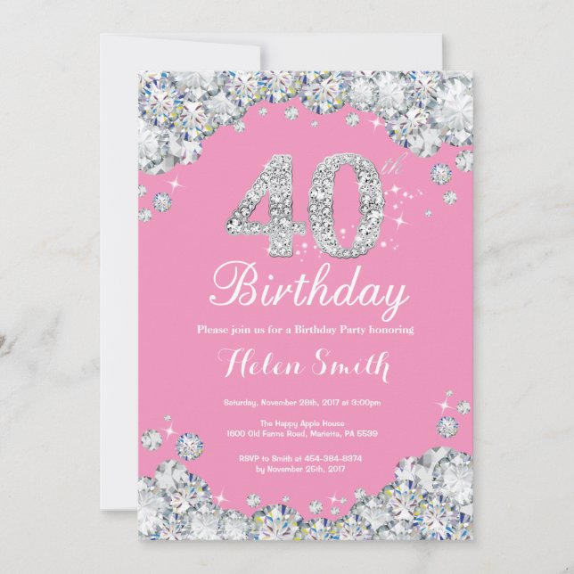 40th Birthday Invitation Pink and Silver Diamond (Front)