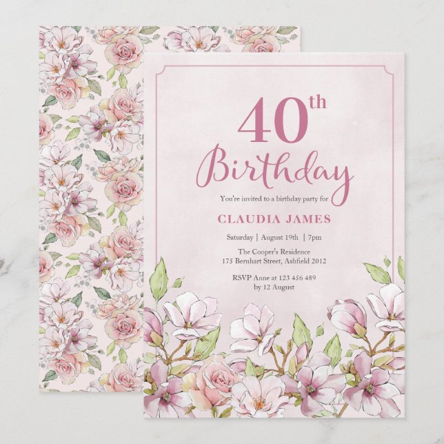 40th Birthday Invitation Pink Floral (Front/Back)