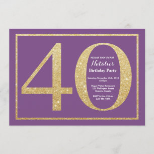 40th Birthday Invitation Purple and Gold Glitter