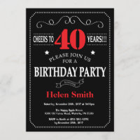 40th Birthday Invitation Red and Black Chalkboard