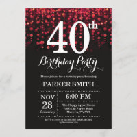 40th Birthday Invitation Red Glitter