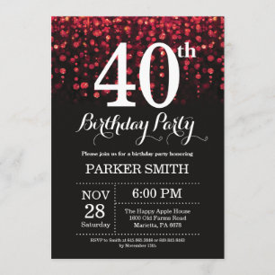 40th Birthday Invitation Red Glitter