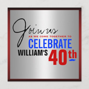 40th Birthday Invitation - Red Silver Blue