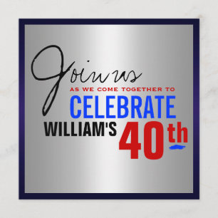 40th Birthday Invitation - Red Silver Blue