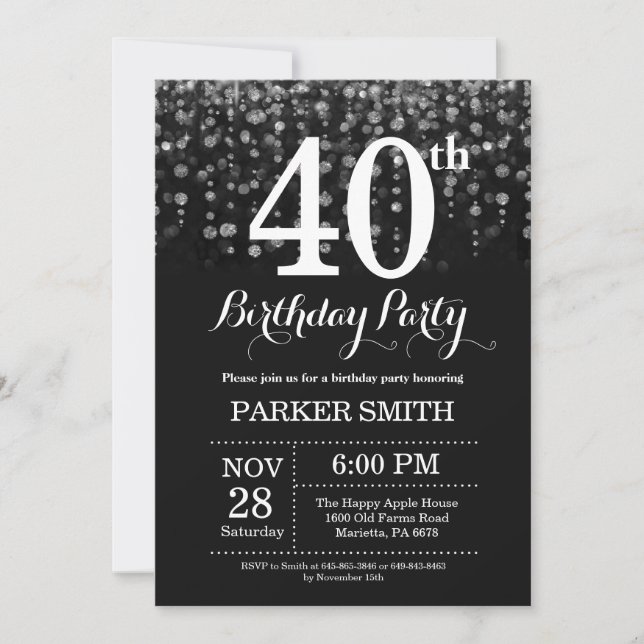 40th Birthday Invitation Silver Glitter (Front)