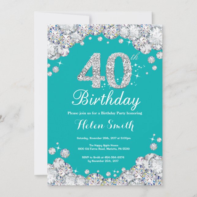 40th Birthday Invitation Teal and Silver Diamond (Front)