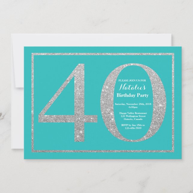 40th Birthday Invitation Teal and Silver Glitter (Front)