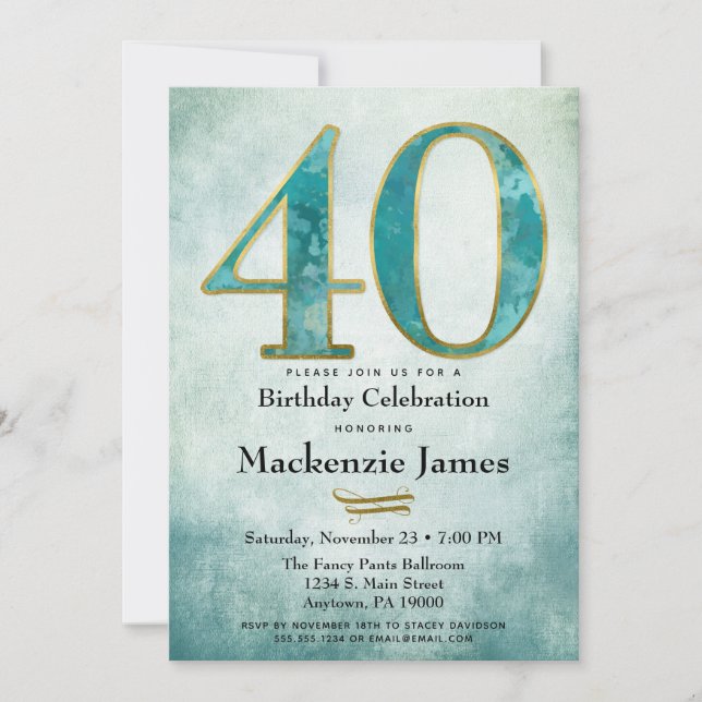 40th Birthday Invitation Turquoise Blue Gold Adult (Front)