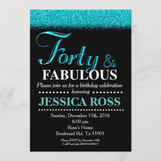 40th Birthday invitation turquoise glitter