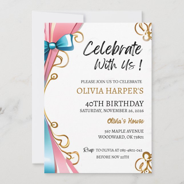 40th Birthday Invitation with Pink & Blue Ribbons  (Front)