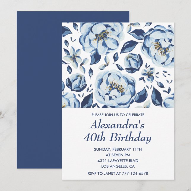 40th birthday invitations Elegant Floral (Front/Back)