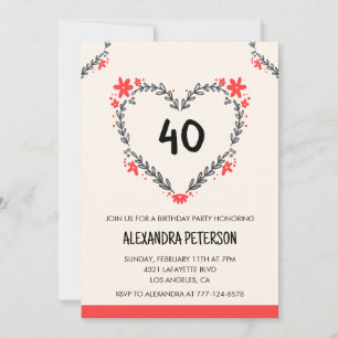 40th birthday invitations floral heart