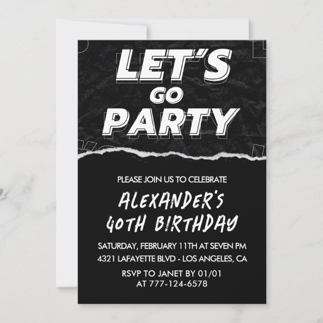 40th birthday invitations Men Black White (Front)