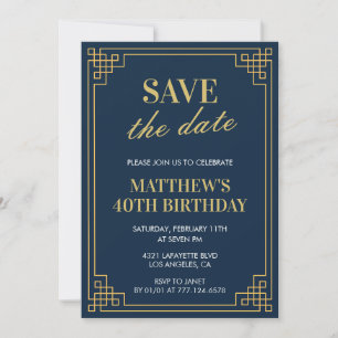 40th birthday invitations Men Save the date Navy