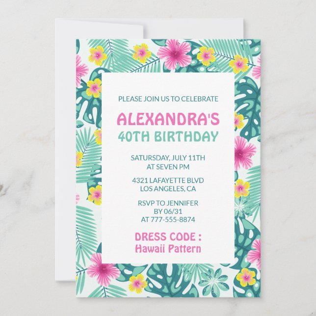 40th birthday invitations Tropical Hawaii Pattern (Front)