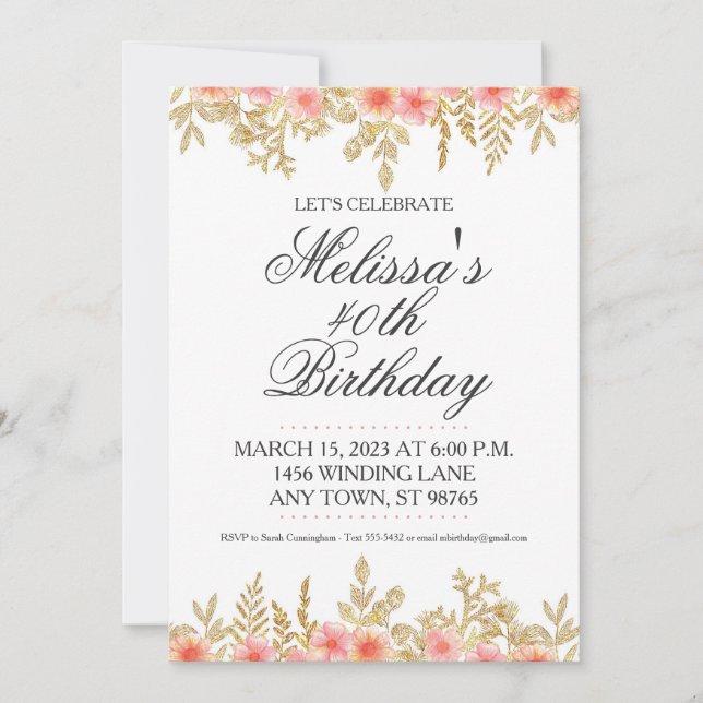 40th Birthday Invite, Gold and Pink Floral  Invitation (Front)