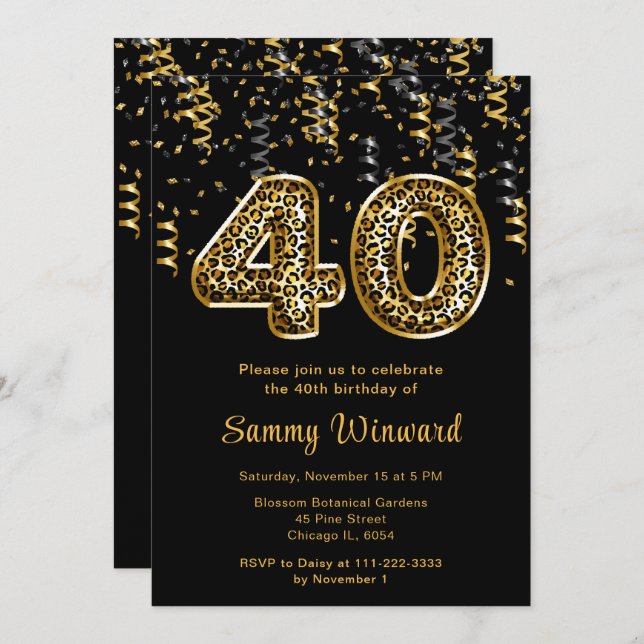 40th Birthday Leopard Print Balloons with Confetti Invitation (Front/Back)