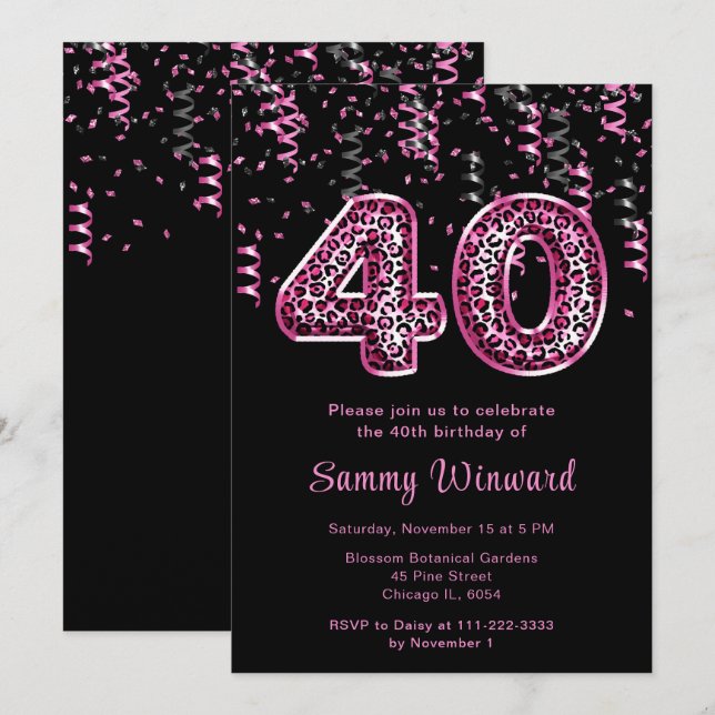 40th Birthday Leopard Print Balloons with Confetti Invitation (Front/Back)