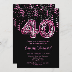 40th Birthday Leopard Print Balloons with Confetti Invitation