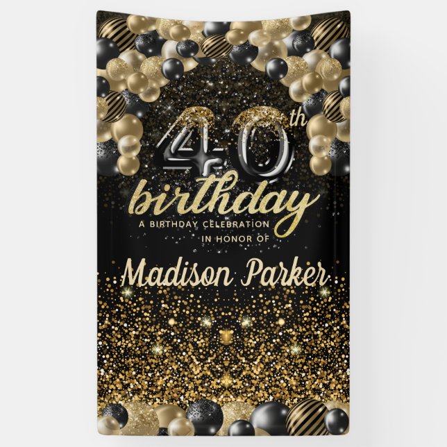 40th Birthday Luxury Personalized Black Gold Banner (Vertical)