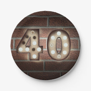 40th birthday marquee sign on brick wall paper plate