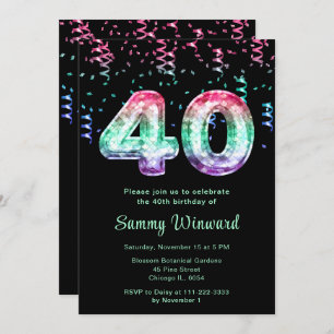 40th Birthday Mermaid Balloons with Confetti Invitation