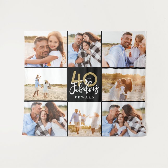 40th birthday modern black and gold photo collage  tapestry (Front (Horizontal))