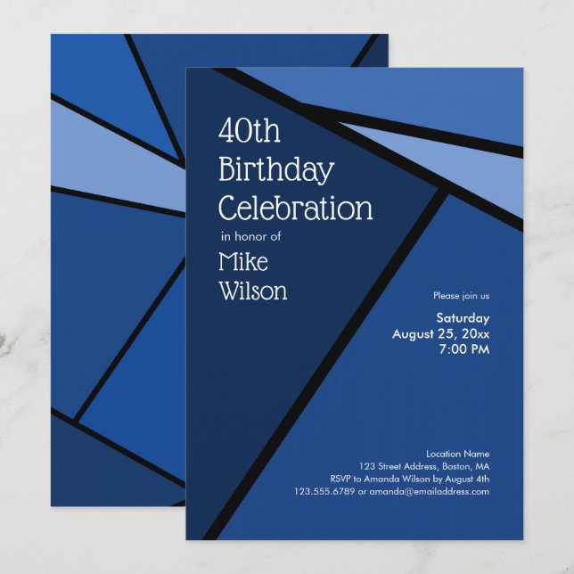 40th Birthday Modern Blue Geometric Shapes Invitation (Front/Back)