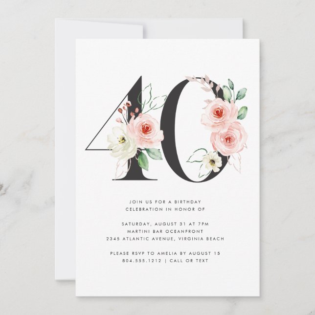 40th Birthday Modern Floral Rose Gold Greenery  Invitation (Front)