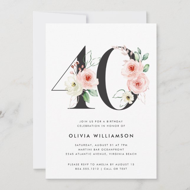 40th Birthday Modern Floral Rose Gold Greenery  Invitation (Front)