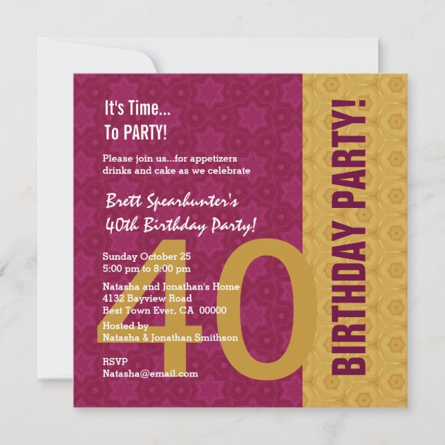 40th Birthday Modern Gold and Maroon Funny D848H1 Invitation (Front)