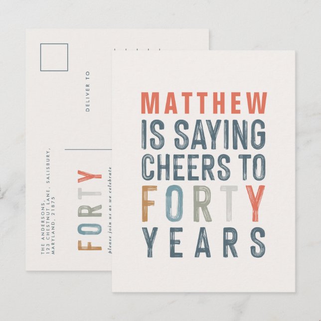 40th birthday modern rustic classy typography post invitation postcard (Front/Back)