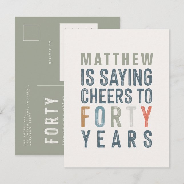 40th birthday modern rustic classy typography post invitation postcard (Front/Back)