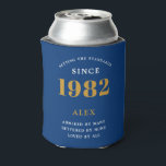 40th Birthday Name 1982 Blue Gold Elegant Chic Can Cooler<br><div class="desc">A personalized elegant can cooler that is easy to customize for that special birthday party occasion.</div>