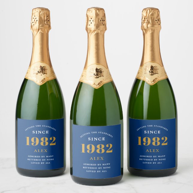 40th Birthday Name 1982 Blue Gold Elegant Chic Sparkling Wine Label (Bottles)