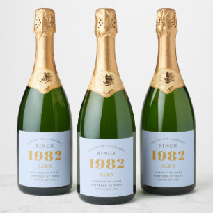 40th Birthday Name 1982 Blue Grey Elegant Chic Sparkling Wine Label