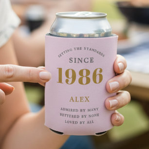40th Birthday Name 1982 Pink Grey Elegant Chic Can Cooler