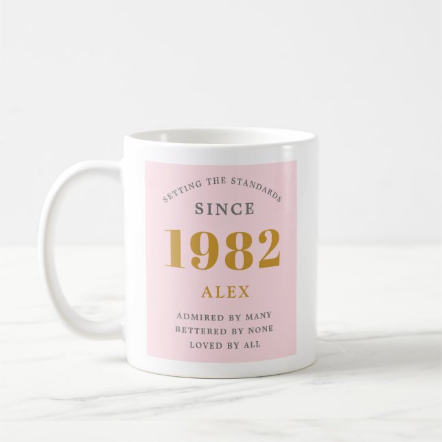40th Birthday Name 1982 Pink Grey Elegant Chic Coffee Mug (Left)