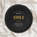 40th Birthday Name 1984 Black Gold Elegant Chic Paper Plate<br><div class="desc">1984 Setting The Standards Paper Bowls: 40th Birthday Customizable Black Gold Elegant Chic Dining Ware. Celebrate a momentous milestone with our fully customizable 1984 Setting The Standards Paper Bowls. Embellished with an elegant black and gold design, these bowls add a luxe touch to the celebration. Ideal for snacks, dessert or...</div>