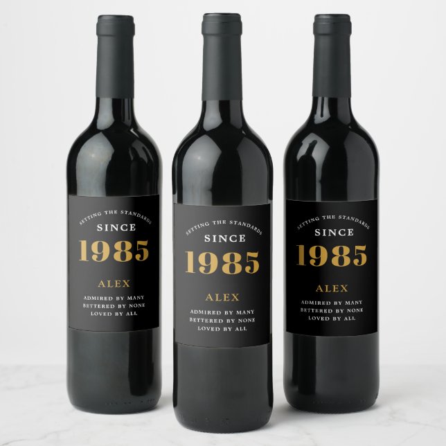 40th Birthday Name 1985 Black Gold Elegant Chic Wine Label (Bottles)