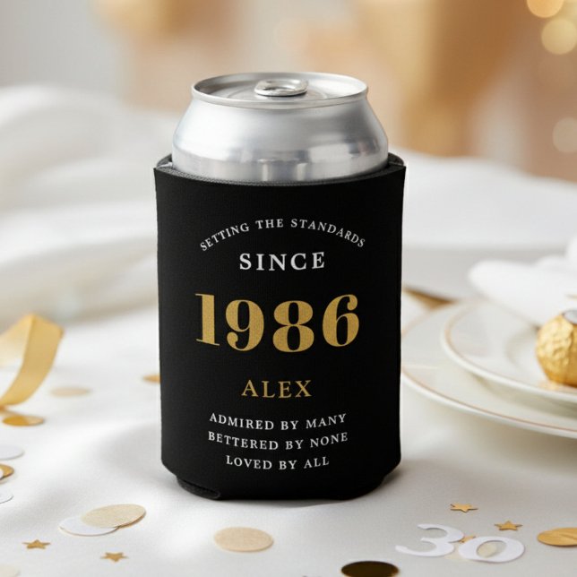 40th Birthday Name 1986 Black Gold Elegant Chic Can Cooler (1986 can cooler on a white background)