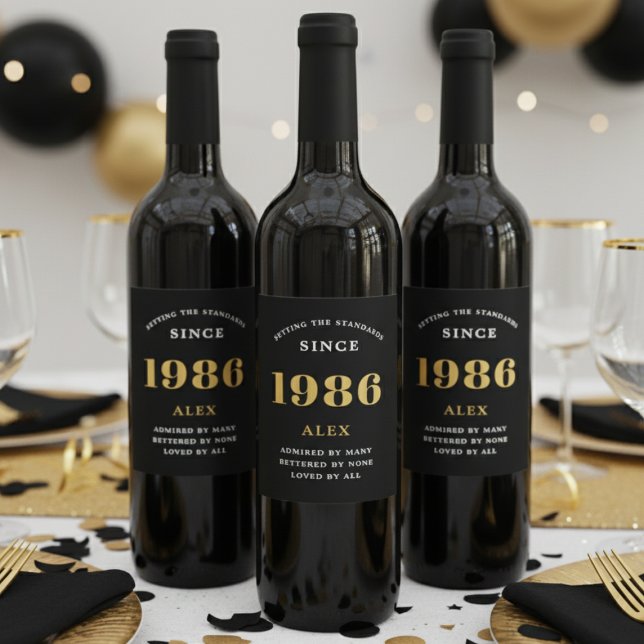 40th Birthday Name 1986 Black Gold Elegant Chic Wine Label (1986 wine bottle labels)