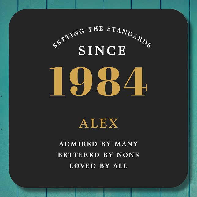 40th Birthday Name Year Black Gold Elegant Chic Square Paper Coaster (1984 Vintage 40th Birthday Black & Gold paper coaster. Fully personalized.)