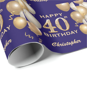 40th Birthday Navy Blue and Gold Glitter Balloons Wrapping Paper