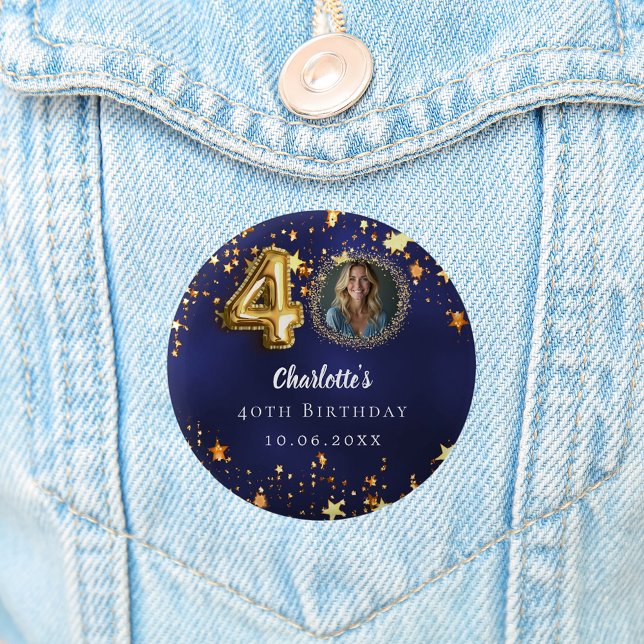 40th birthday navy blue gold stars photo 2 inch round button (Creator Uploaded)