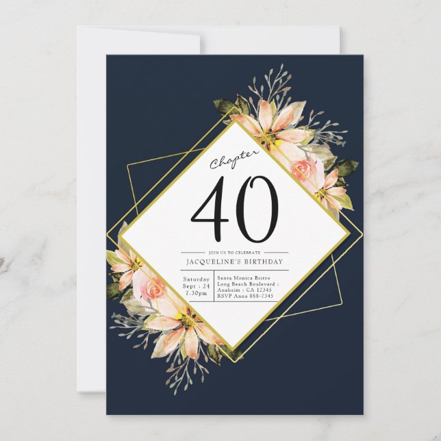 40th Birthday Navy Blue Invitation (Front)
