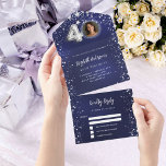 40th Birthday navy blue photo silver stars rsvp All In One Invitation<br><div class="desc">A navy blue background,  decorated with stars. The blue colour is uneven.  Personalize and add a photo,  name,  party details,  RSVP date,  return address and name.</div>