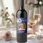 40th Birthday navy blue photo Wine Label<br><div class="desc">A navy blue background. Personalize and add a date,  name and a photo.  Age number written with a faux silver looking balloon style font.</div>