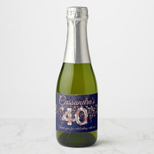 40th Birthday Navy Blue Rose Gold Glitter Cascade Sparkling Wine Label